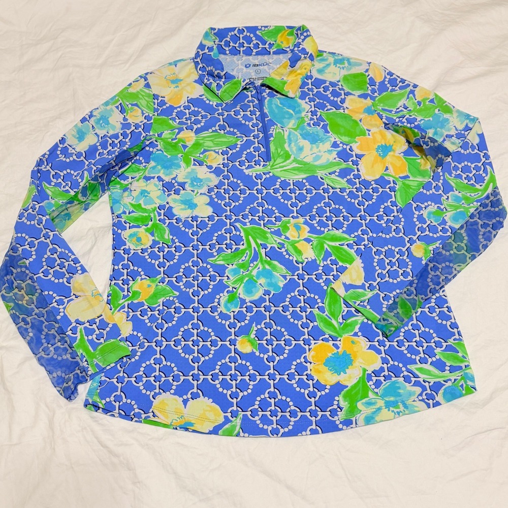 IBKUL Long Sleeve Print Polo 1/4 Zip Pullover Women Large Floral SPF Tennis Golf